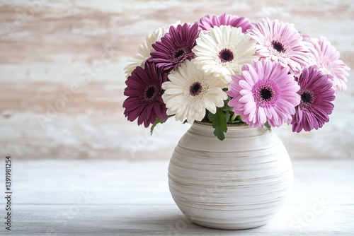 Wallpaper Mural Elegant purple and white gerbera daisies in a rustic white vase soft light wooden background isolated on transparent background Torontodigital.ca