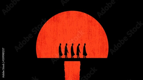 Silhouette of People on Platform with Red Half Circle Graphic Background