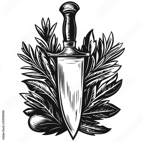 Intricate Vector Illustration of a Dagger Surrounded by Leaves