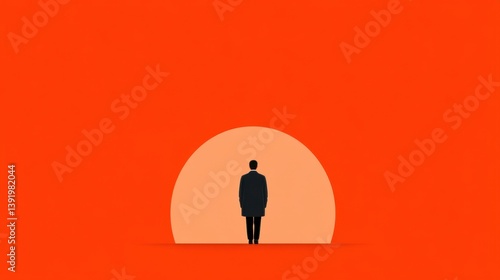 Silhouette Walking Towards Orange Circle on Red Background