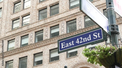 New York City Grand Central Terminal, 42 street, Park Avenue, Pershing Square architecture. Midtown district railroad hub, railway transport. NYC crossroad, East 42nd st corner, intersection road sign
