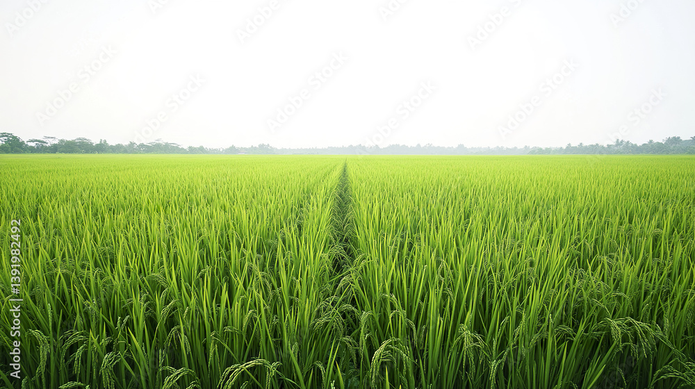 lush green rice field stretches into horizon under clear sky lush green rice field stretches into horizon under clear sky