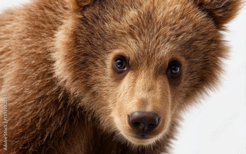 Obraz premium A close-up portrait of a brown bear cub looking curious, pure white background