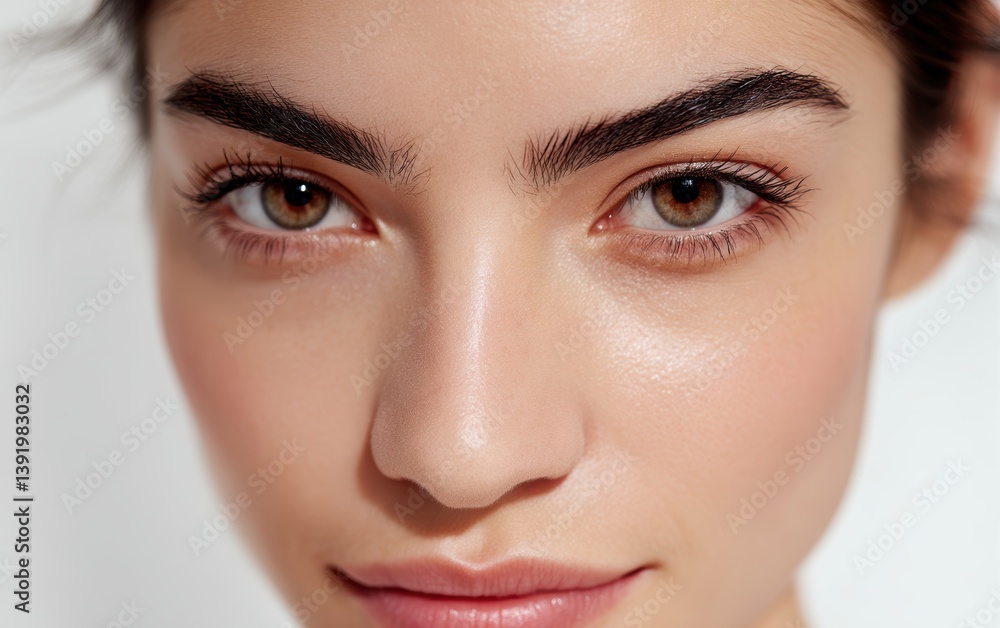 Fototapeta premium A close-up portrait of a confident young woman with thick eyebrows and full lips, pure white background