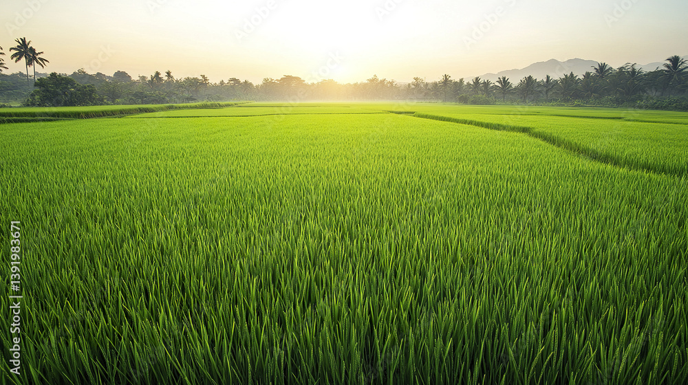 Fototapeta premium lush green rice field stretches into horizon under warm sunrise