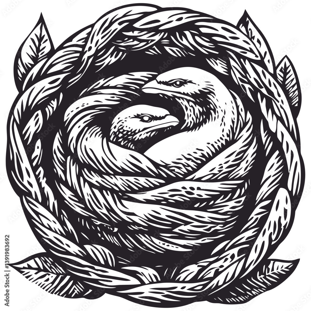 Intricate Vector Art of Two Birds Nestled in a Floral Design Intricate Vector Art of Two Birds Nestled in a Floral Design