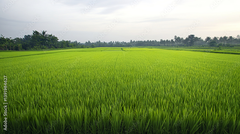 Obraz premium lush green rice field stretches into horizon under cloudy sky