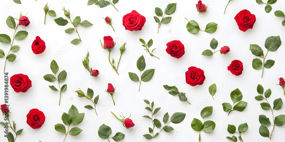 Elegant Rose Flowers and Leaves Arranged on a Clean White Background, red tulips on white background Elegant Rose Flowers and Leaves Arranged on a Clean White Background, red tulips on white background