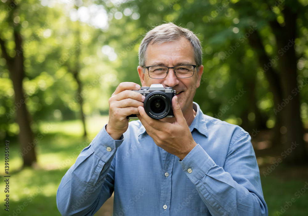 Smiling Photographer with Camera in Park Hobby, Nature Photography, Outdoor Portrait. Smiling Photographer with Camera in Park Hobby, Nature Photography, Outdoor Portrait.