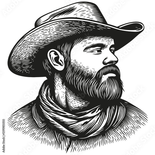Detailed Black and White Vector Illustration of a Cowboy Profile
