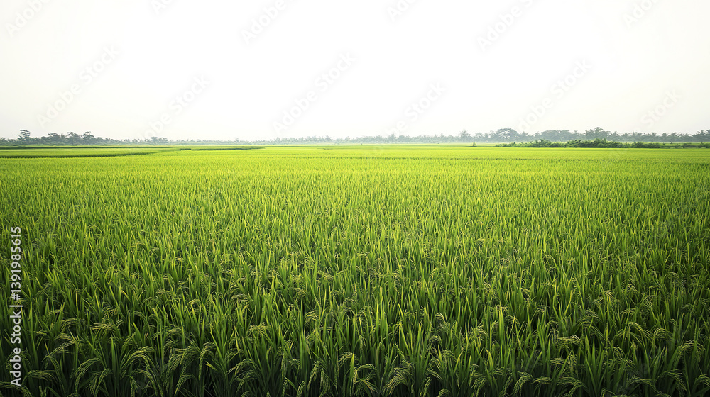 Fototapeta premium lush green rice field stretches into horizon under bright sky