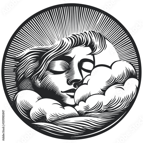 Serene Dreamer in a Vintage Style Illustration with Soft Clouds