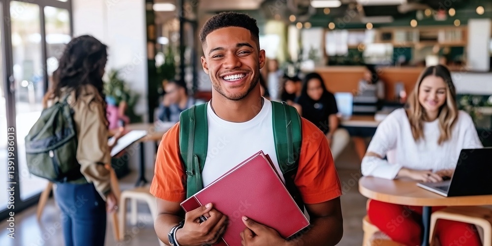 Smiling african young male student in campus study area with diverse peers Smiling african young male student in campus study area with diverse peers