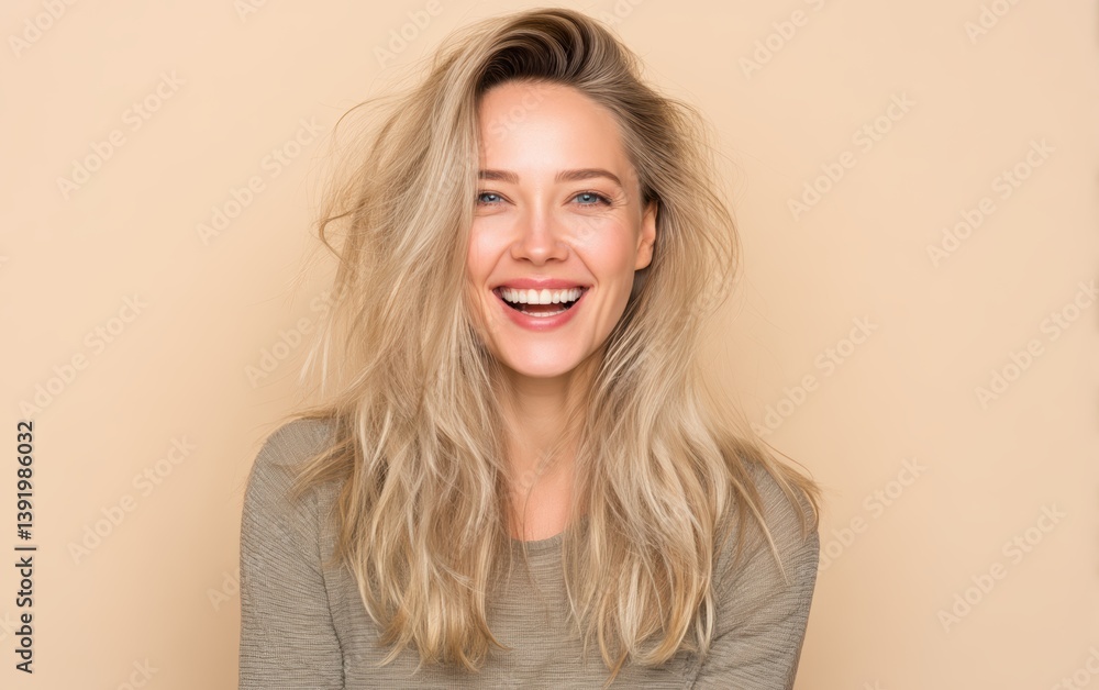 Fototapeta premium A happy woman with ash blonde messy hair, pastel light yellow background