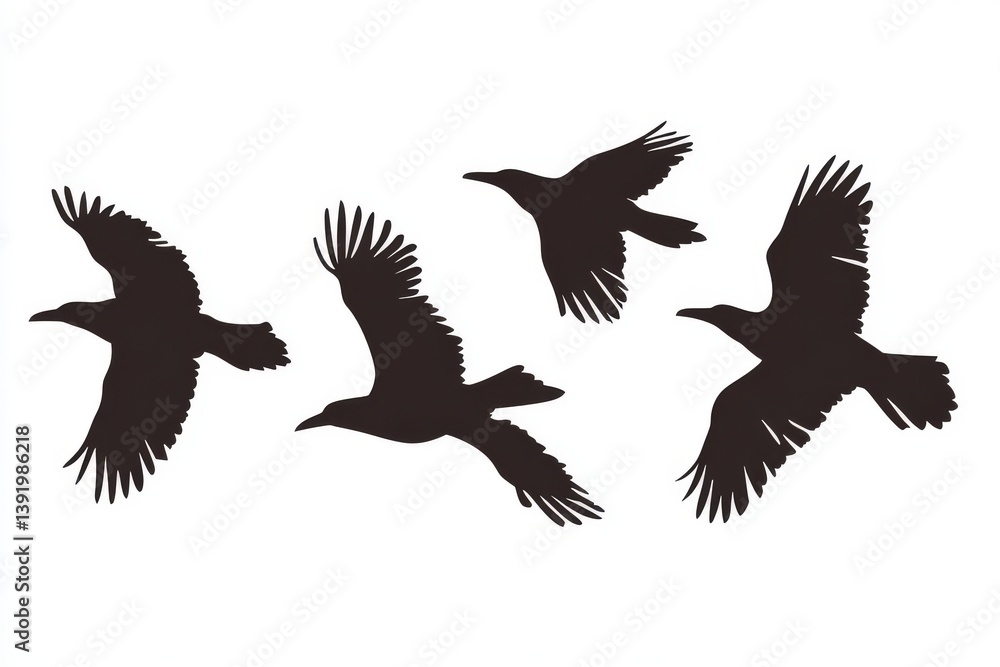 Fototapeta premium Crows flying in formation, a stock picture of a standalone object on a transparent backdrop