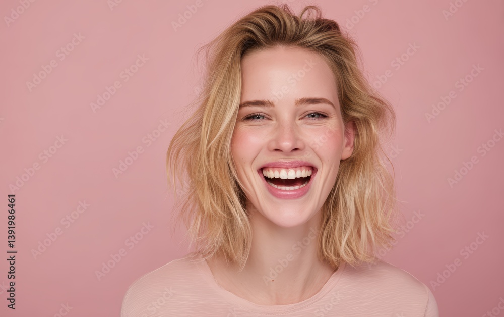 A joyful portrait of a woman with sandy blonde hair and minimal makeup, pastel pink background A joyful portrait of a woman with sandy blonde hair and minimal makeup, pastel pink background