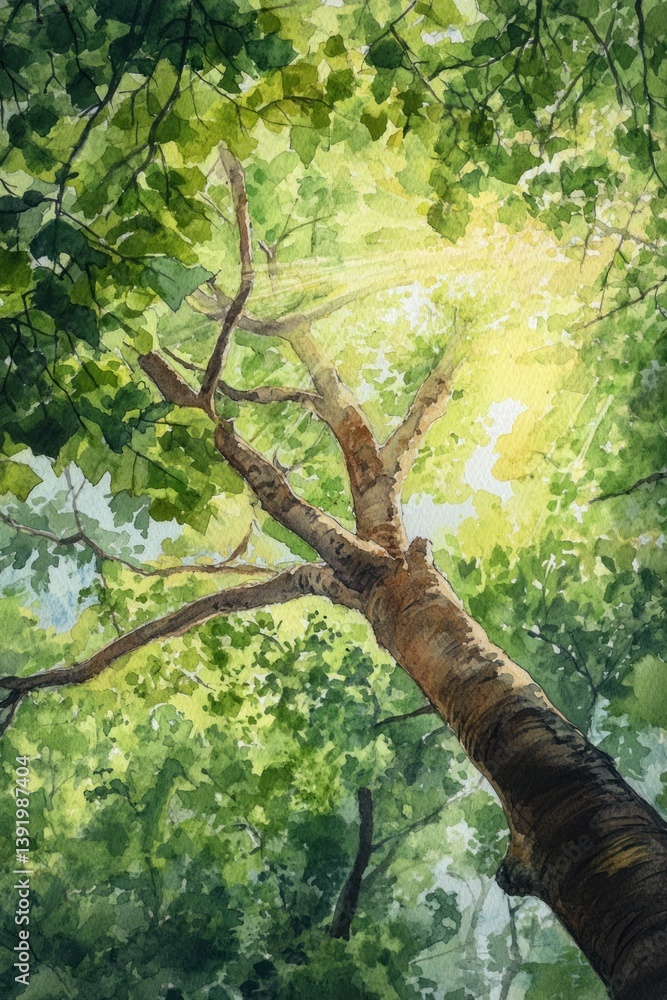 Fototapeta premium An upward perspective view of a tree and bright sunlight
