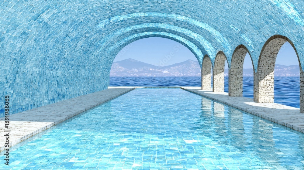 Obraz premium Serene Infinity Pool Turquoise Tiles and Ocean View under Archway A breathtaking view from a luxurious resort pool