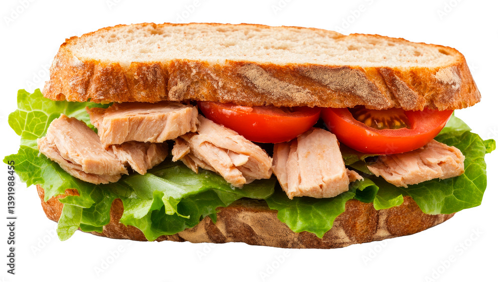 A delectable sandwich featuring tuna salad, tomato, and avocado, displayed on a white backdrop A delectable sandwich featuring tuna salad, tomato, and avocado, displayed on a white backdrop