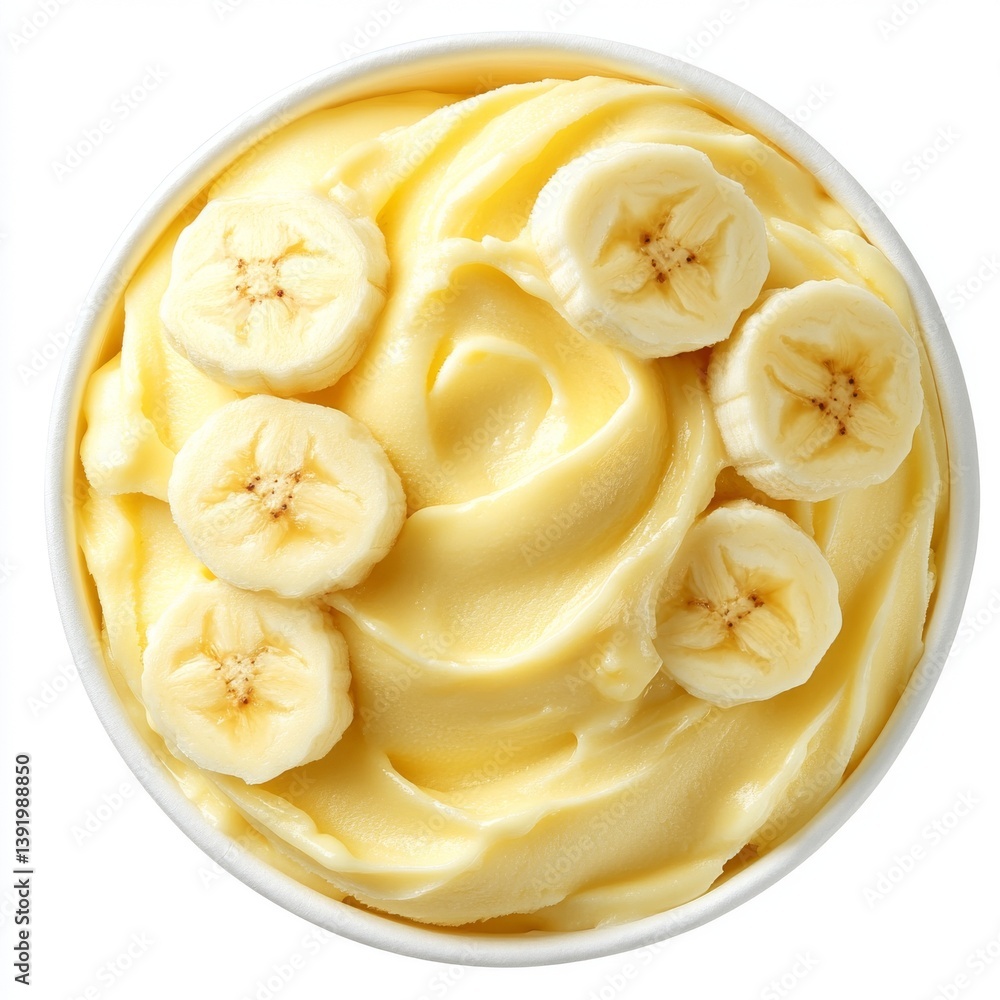 A delectable serving of healthy banana frozen yogurt with bananas, displayed on a clear background A delectable serving of healthy banana frozen yogurt with bananas, displayed on a clear background