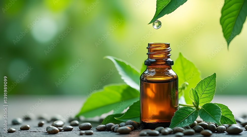 Essential oil dripping from leaf near bottle with pebbles and green foliage in soft focus background Essential oil dripping from leaf near bottle with pebbles and green foliage in soft focus background
