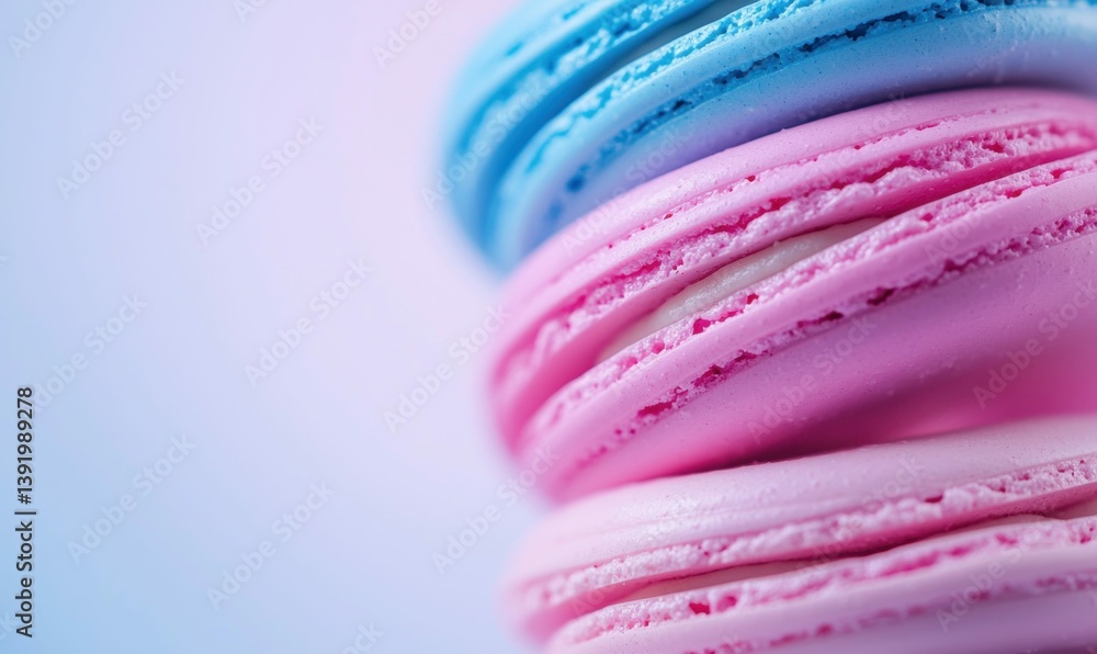 A delightful stack of pink and blue macarons creates a visually appealing dessert tower. A delightful stack of pink and blue macarons creates a visually appealing dessert tower.