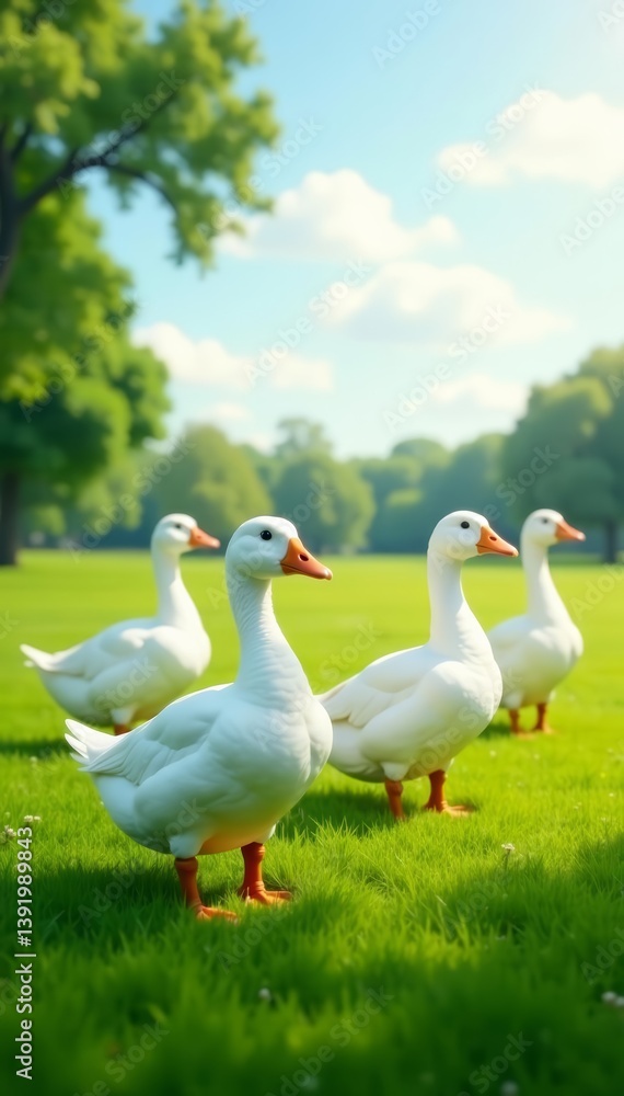 A charming flock of white geese on a grassy field under a sunny sky, sky, cute A charming flock of white geese on a grassy field under a sunny sky, sky, cute