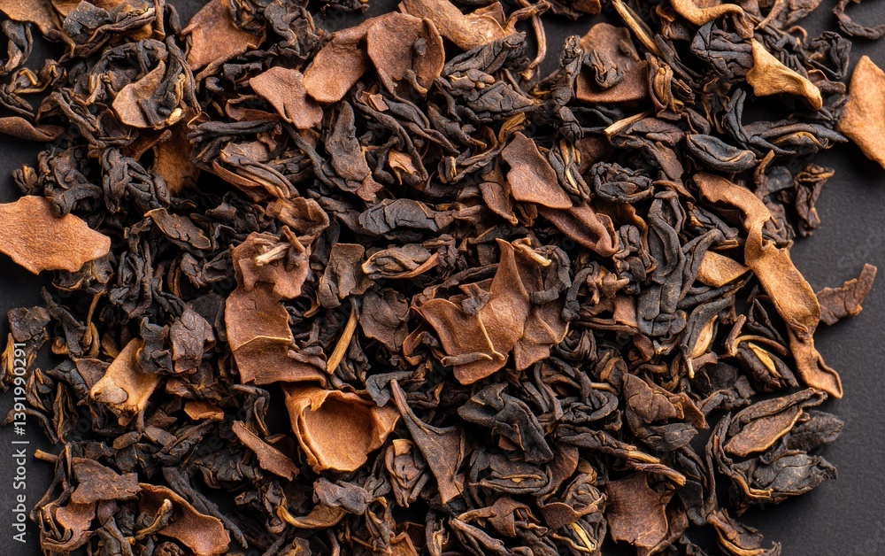 Dark Brown Tea Leaves on Black Background Dark Brown Tea Leaves on Black Background