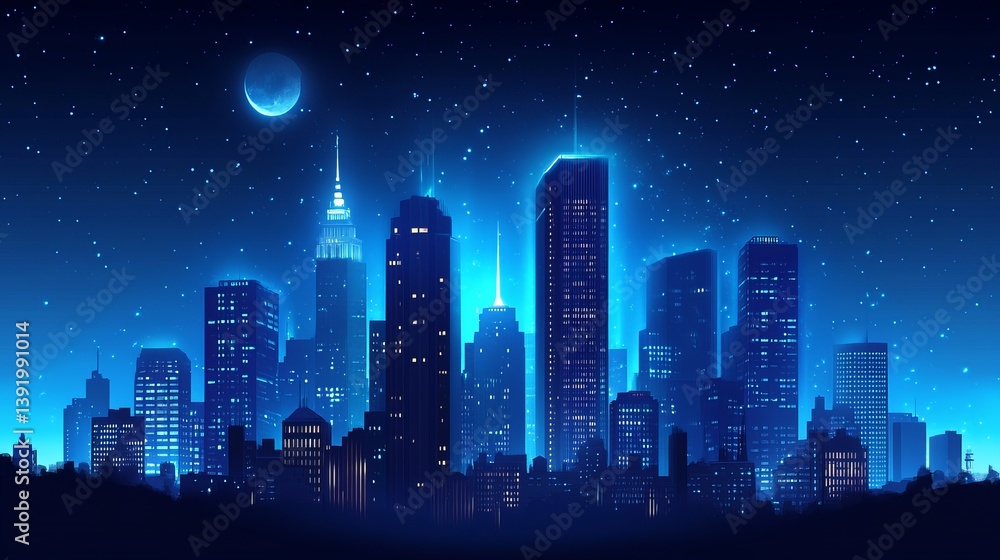 A blue cityscape silhouette with a crescent moon and many stars in the night sky above the buildings A blue cityscape silhouette with a crescent moon and many stars in the night sky above the buildings