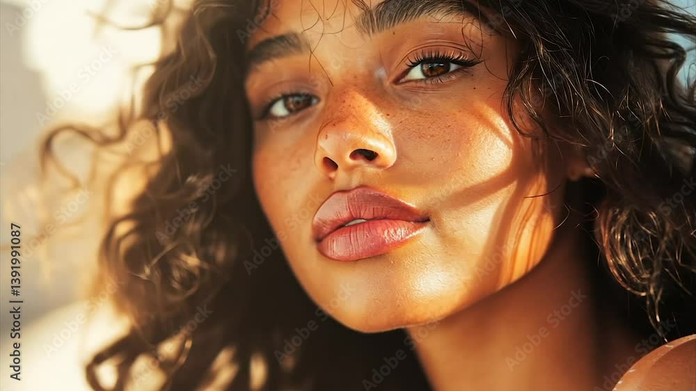 Close-up portrait of a woman with curly hair, sun-kissed skin, and freckles Close-up portrait of a woman with curly hair, sun-kissed skin, and freckles