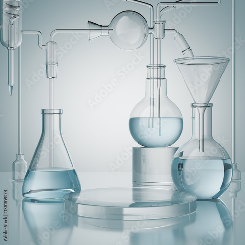 Cosmetic scientific skincare background materials, podium display with glass flask, Laboratory 3d rendering Background.