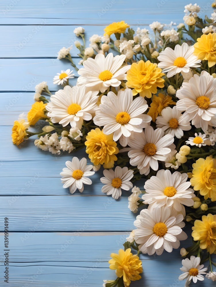 Fototapeta premium Bright and cheerful spring themed background with fresh yellow and white flowers top border, Garden flowers over wooden background
