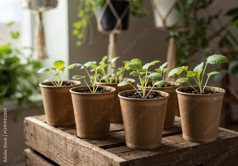 Young Cabbage Seedlings in Eco-Friendly Cups on Rustic Wooden Crate Young Cabbage Seedlings in Eco-Friendly Cups on Rustic Wooden Crate