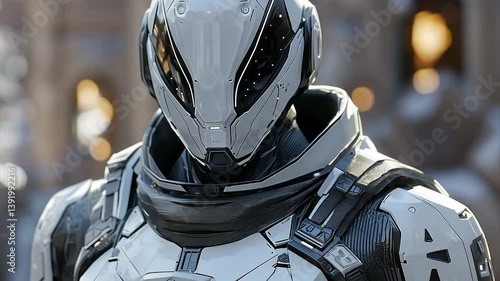 Futuristic white and black armored suit, close-up