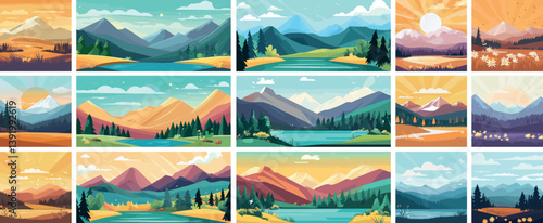 Landscapes nature scenes cartoon vector collection. Water peaks rocks outdoors sunlight view ponds woodland meadows, wildwoods countryside foliage skylines horizons, isolated illustrations