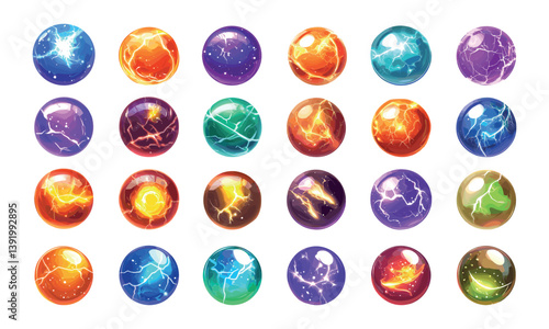 Magical spheres cartoon vector set. Lighting blaze fire flame glowing radiant, seer wizard esoteric balls mystical globes enchanted orbs, isolated illustrations on white backdrop