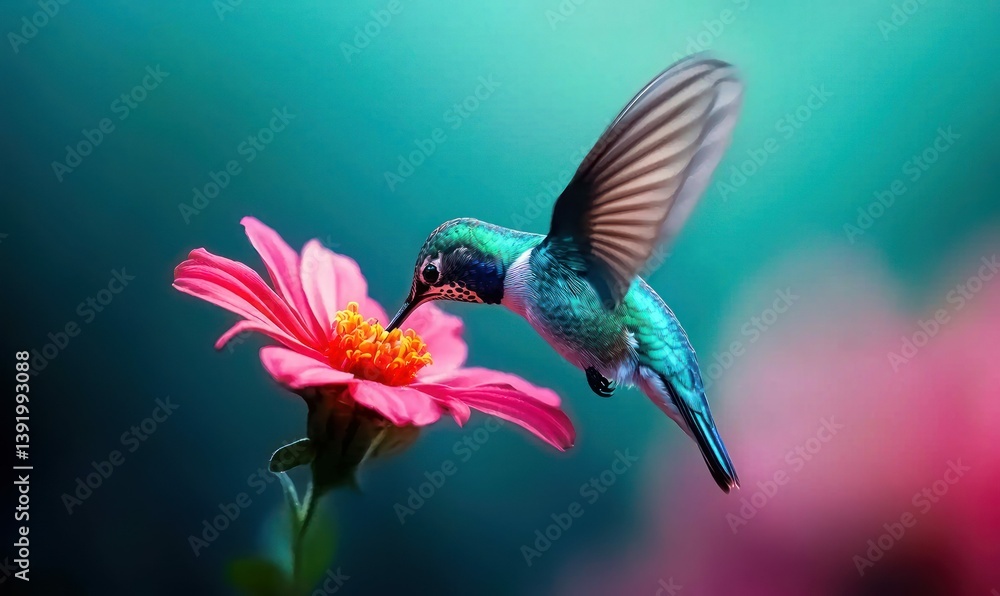 Obraz premium A beautiful hummingbird with iridescent plumage sips nectar from a bright pink zinnia flower.