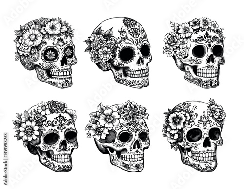 Mexican flowers skulls engraving vector set. Dead deceased bone human head cranial dia de los muertos relics remains, latin american native patterns ritual symbols, isolated hand drawn monochrome