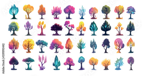 Mythical enchanted trees cartoon vector collection. Magical forest fungi woodland, shimmering spores broadleaf oaks sorcery large bushes flora vegetation, isolated illustrations on white