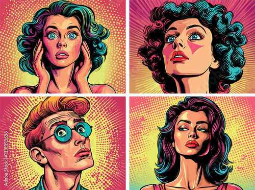 Pop art female faces cartoon vector collection. Contemplative fearful woman, perplexed baffled lady, halftone hue graphic personalities, isolated illustrations