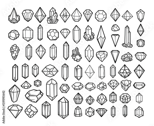 Precious stones and crystals black outline vector collection. Shiny gem brilliance cut rock quartz gemstones, minerals glass pebbles monochrome contour drawing isolated illustrations backdrop