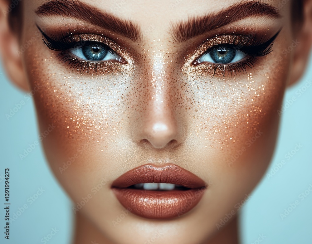 A confidence-filled close-up of a young Caucasian woman with gold glitter eyeshadow, shiny highlighter, metallic lipstick, and black eyelashes, ideal for beauty, facial care, or party visuals A confidence-filled close-up of a young Caucasian woman with gold glitter eyeshadow, shiny highlighter, metallic lipstick, and black eyelashes, ideal for beauty, facial care, or party visuals