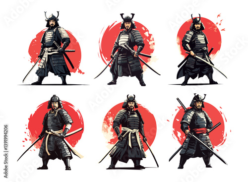 Samurai knight color ink sketch vector set. Asian historic combatant fighter swordsman male, katana blade medieval full plate amor brawler warrior, legendary soldier battler, isolated artworks