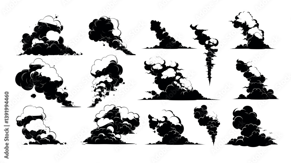 Fototapeta premium Smoke haze clouds black ink sketch vector set. Misty vapor foggy wisps curls plumes, steam mist trails smoky fog gray drifting fumes swirls, monochrome isolated illustrations on white backdrop