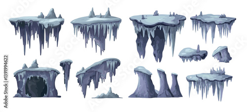 Stalagmites stalactites cartoon vector set. Crystals stone dripstones calcium pieces structures, chalk deposits rock formations boulders spires cavern,, isolated illustrations on white background