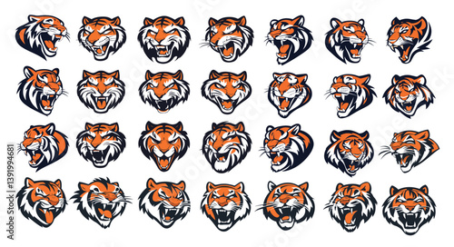 Striped tiger cat avatars cartoon vector collection. Open jaws teeth enraged big wild hunter, strong fierce creature animal, isolated illustrations on white background