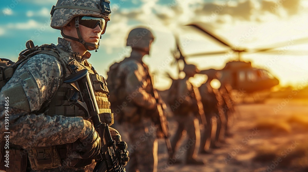 A line of soldiers stands, armed and ready, with a helicopter against a sunset background.