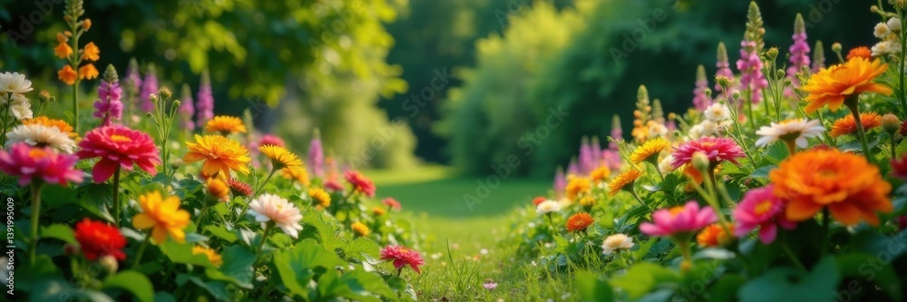 Colorful flowers bloom in a lush garden amidst lush greenery and vibrant foliage, botanical, watercolor painting, natural beauty