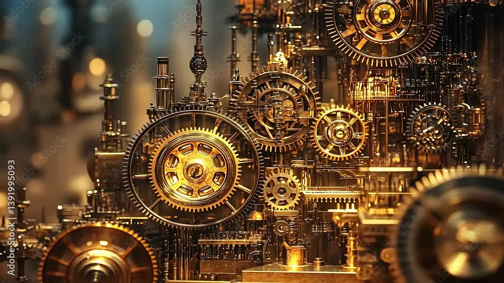 Intricate golden steampunk machinery with gears and cogs, creating a mesmerizing industrial backdrop