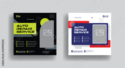 Auto Car repair service social media post, banner, ad editable template, car mechanic services, car wash service square flyer or poster vector template